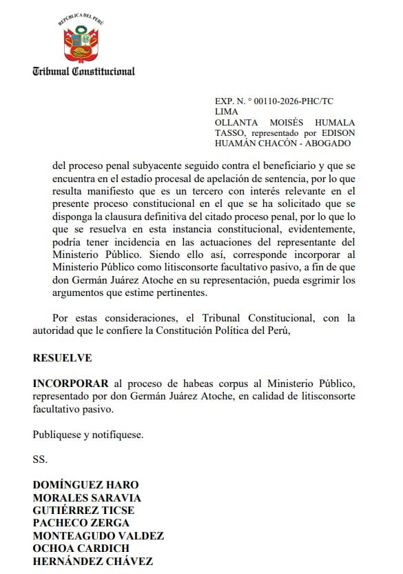 TC incorpora a la Fiscalía en hábeas corpus de Ollanta Humala que busca cerrar proceso por lavado de activos. Foto: TC.
