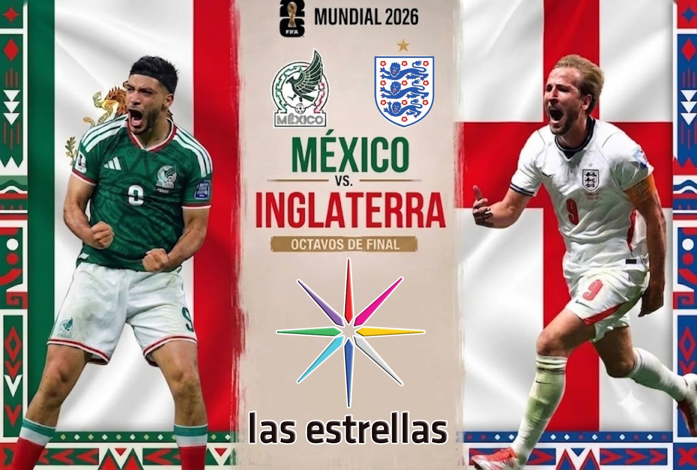 Ciudad de México, (México), 5/07/2026.- Las Estrellas (Canal 2) transmitirá EN VIVO el partido México vs. Inglaterra hoy por los octavos de final del Mundial 2026 desde el Estadio Azteca, de la Ciudad de México, México. Imagen creada por Gemini.