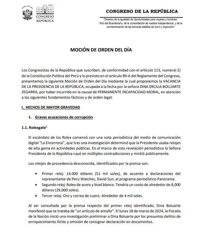 Moción de vacancia contra Dina Boluarte.