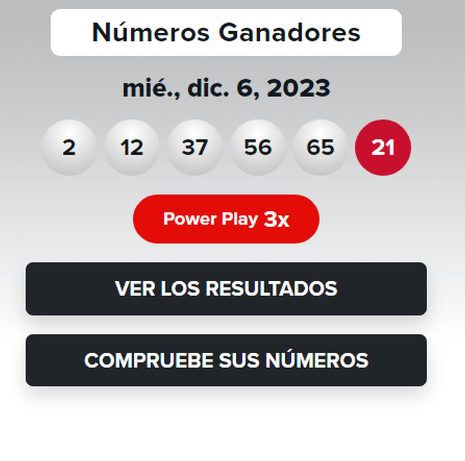 Resultados de la lotería Powerball del 6 de diciembre (Foto: Powerball)