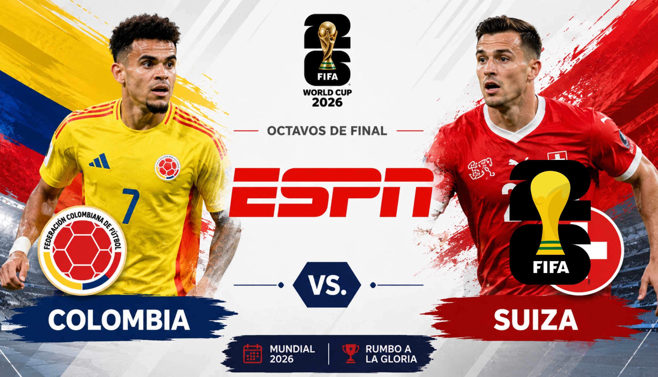 Señal de ESPN EN VIVO para ver la transmisión de Colombia vs. Suiza, por los octavos de final del Mundial de Fútbol 2026, este martes 7 de julio. (Foto: Imagen creada por Gestión Mix utilizando la IA de Chat GPT)