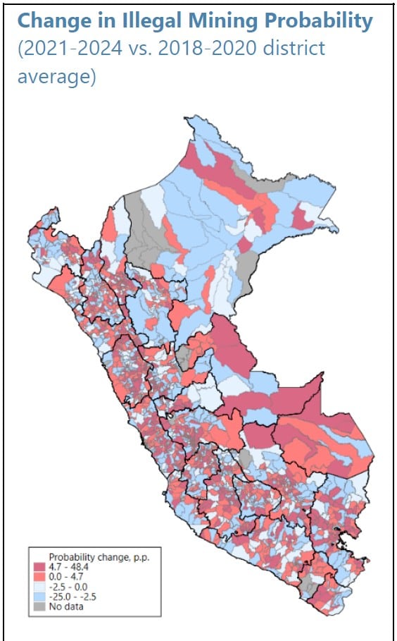 Zonas con probabilidad de mayor desarrollo de la minería ilegal en Perú. Fuente: Reporte del FMI