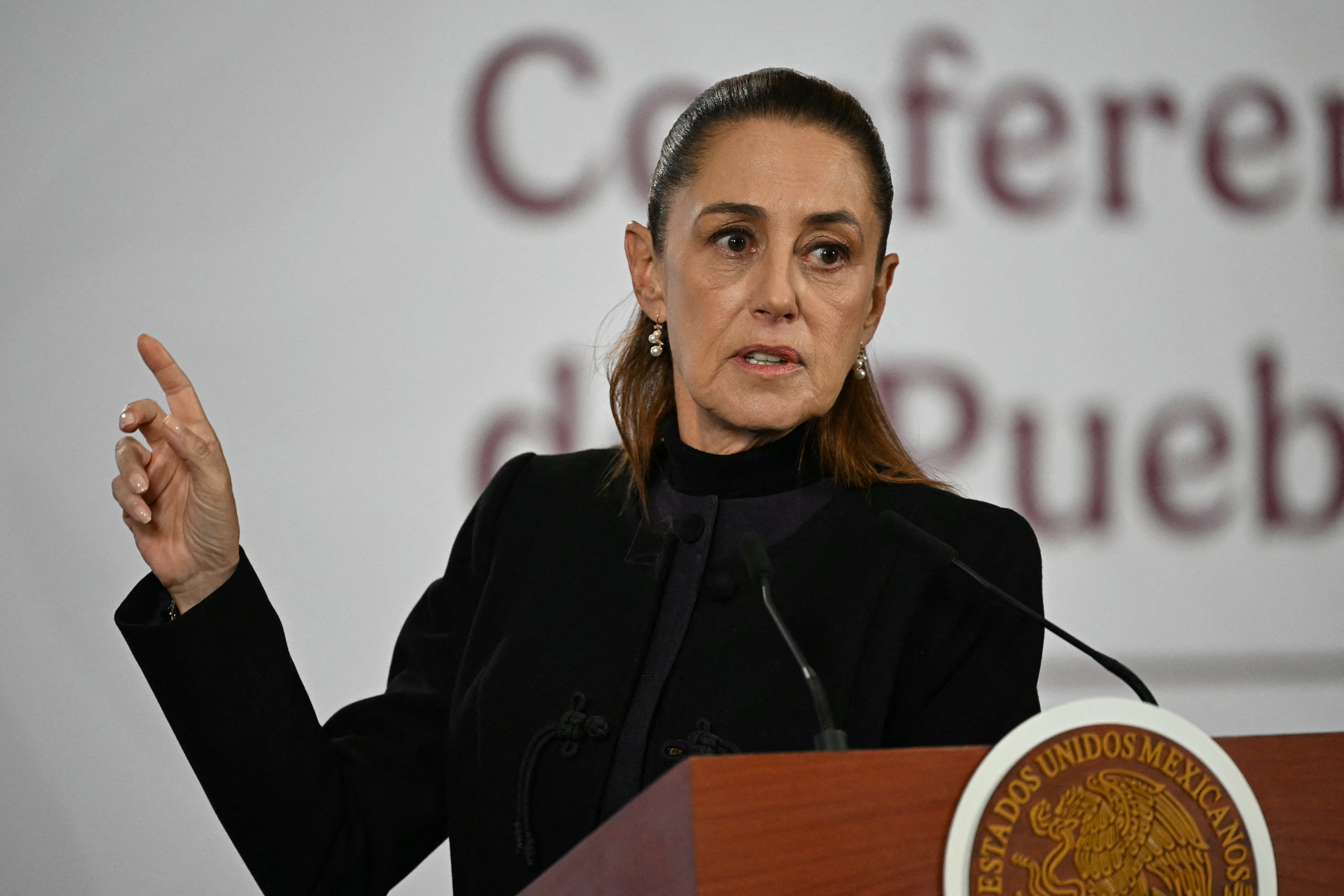 La presidenta de México, Claudia Sheinbaum, habla durante su conferencia de prensa diaria en el Palacio Nacional el 23 de febrero de 2026. (Foto de YURI CORTEZ / AFP).