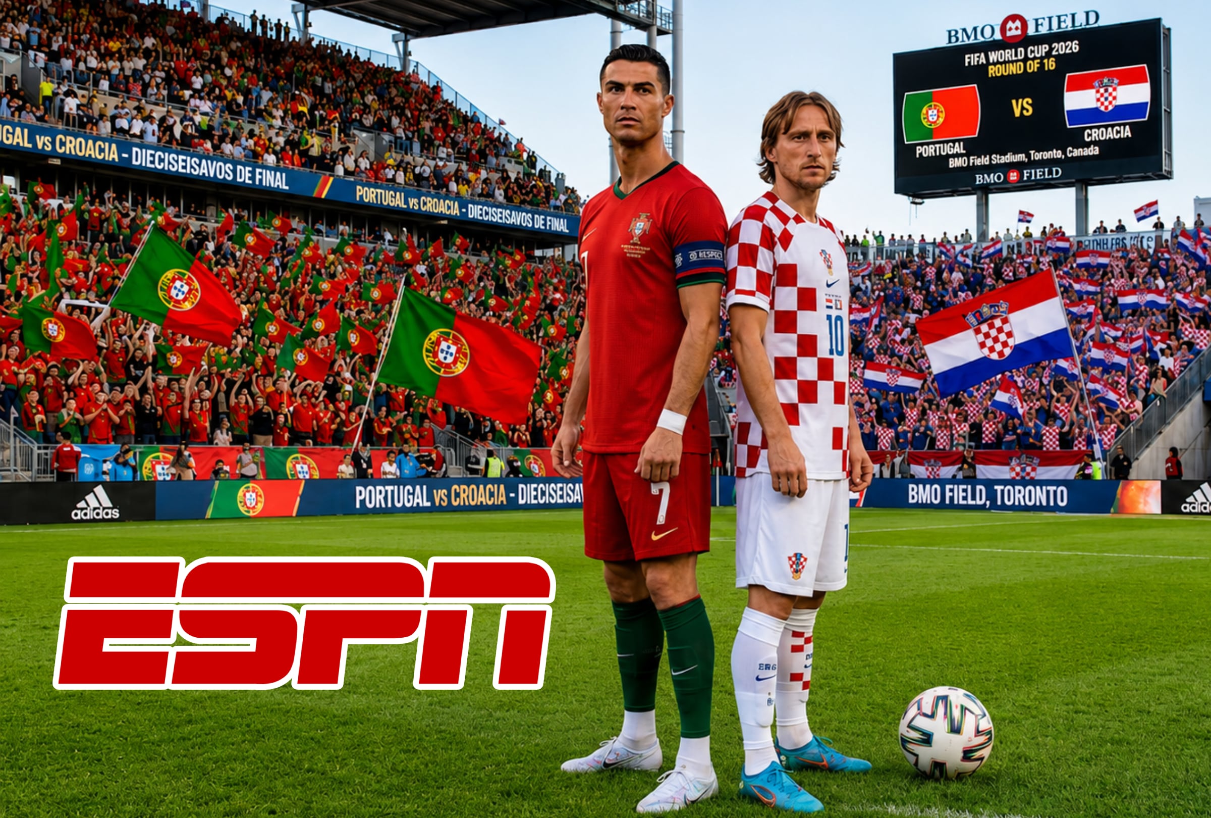 TORONTO (CANADÁ), 02/07/2026.- Cobertura oficial de ESPN EN VIVO ONLINE para ver el partido Portugal vs. Croacia hoy por los dieciseisavos de final del Mundial 2026 en el BMO Field Stadium de Toronto, Canadá. FOTO DE NOÉ YACTAYO GENERADA CON IA DE GEMINI AI, CHATGPT, PERPLEXITY AI, CANVA Y GROK