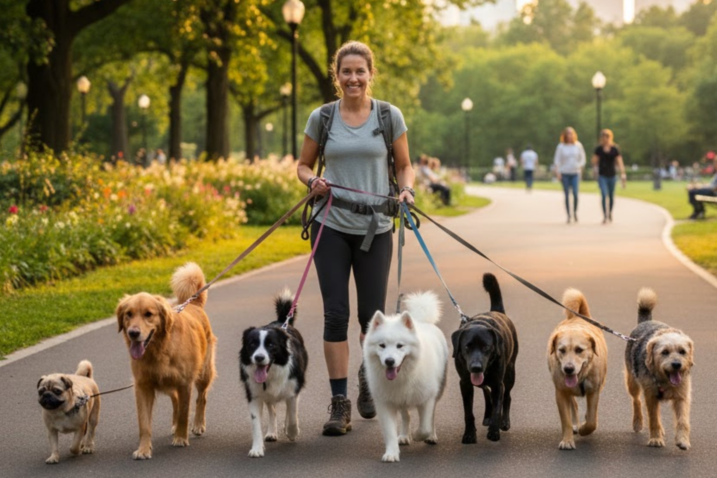 Muchas familias en EE.UU. contratan a una paseador de perros, ya que éstas no cuentan con el tiempo suficiente. (Crédito: Imagen referencial creada por El Comercio MAG usando la IA de Gemini)
