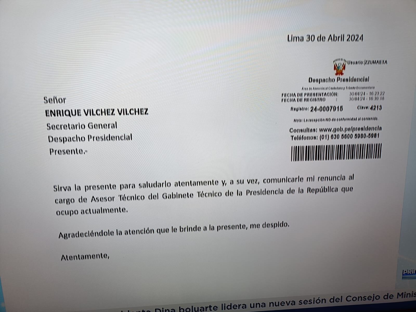 Carta de renuncia. Captura de Canal N.