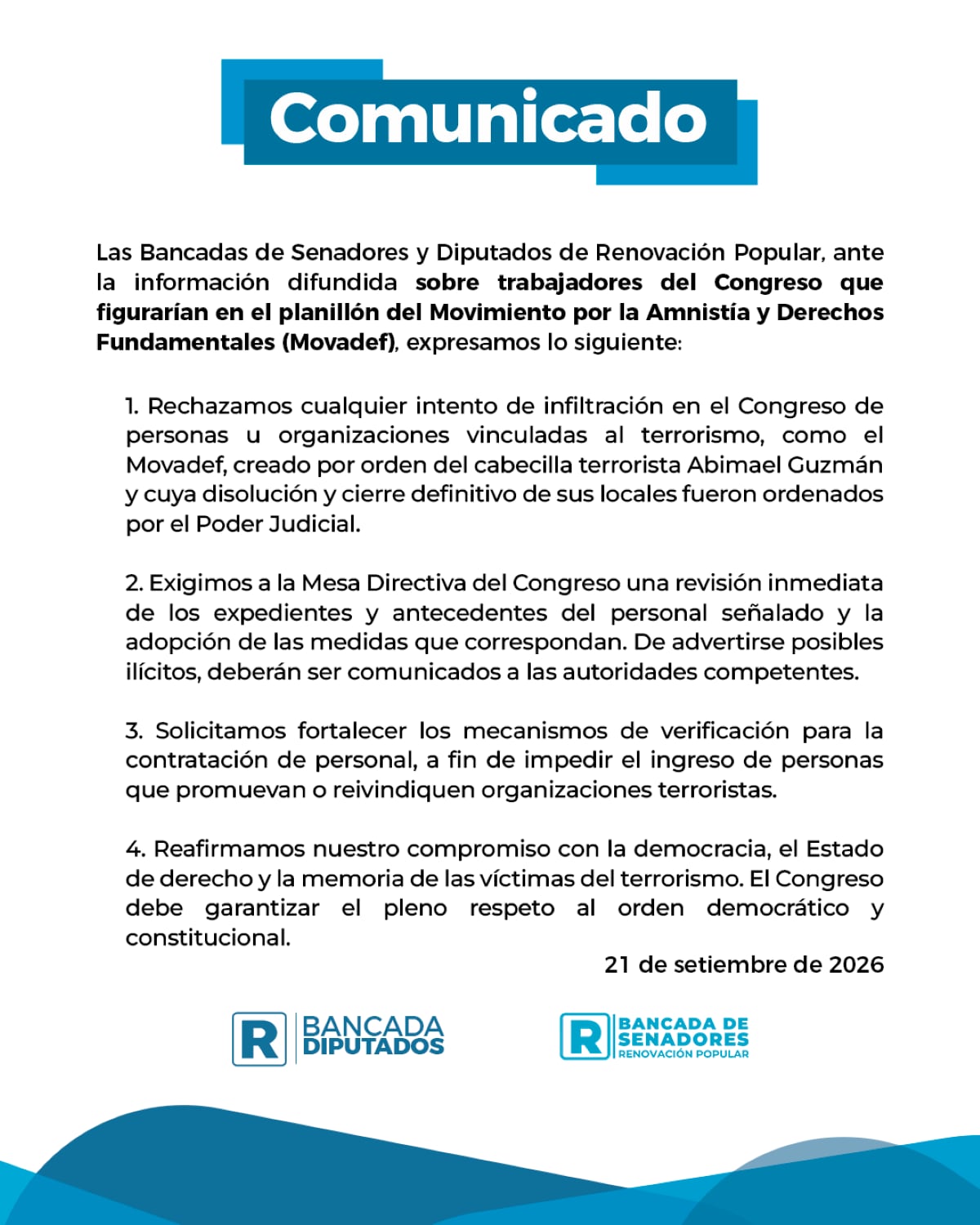 Comunicado de la Bancada Renovación Popular. Foto: X.