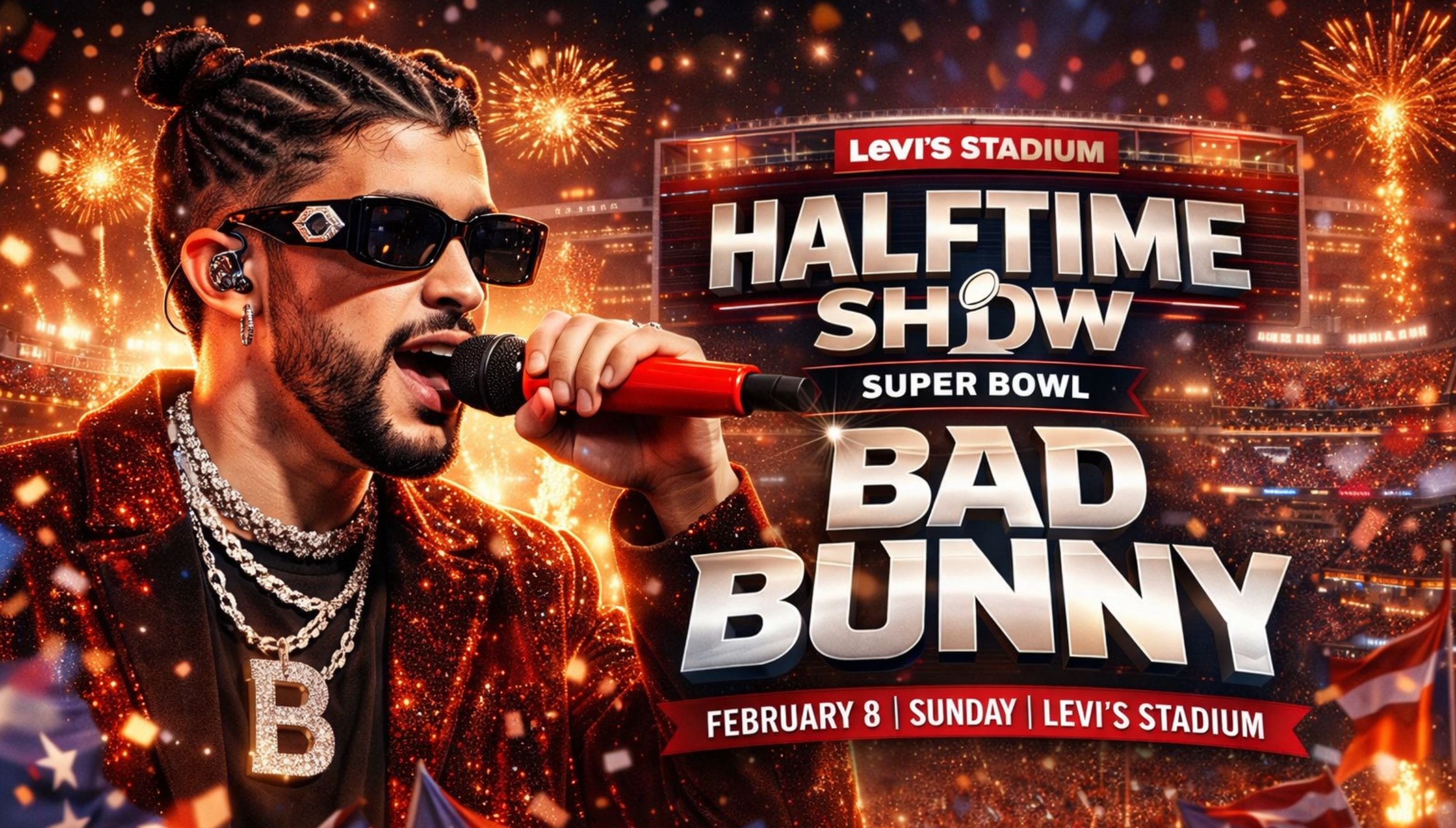 Conoce los horarios en California, Texas y Florida para ver el halftime show con Bad Bunny este domingo 8 de febrero en el Super Bowl LX desde el Levi's Stadium de Santa Clara. (Foto: Imagen creada por Gestión Mix usando la IA de ChatGPT)