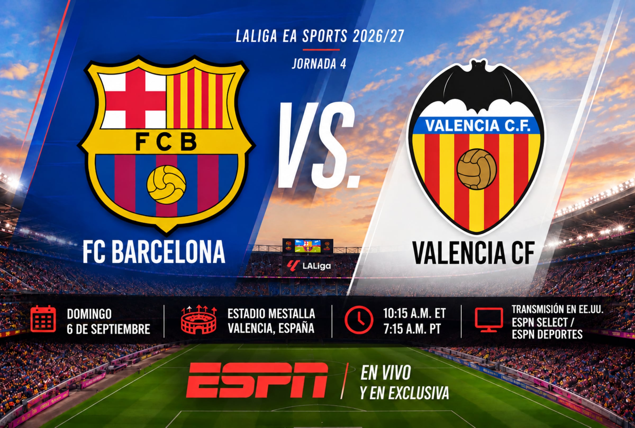 VALENCIA (ESPAÑA), 06/09/2026.- Cobertura oficial de ESPN EN VIVO ONLINE para ver el partido FC Barcelona vs. Valencia hoy por la Jornada 4 de LaLiga EA Sports 2026-27 en Mestalla. FOTO DE NOÉ YACTAYO CON IMÁGENES DE LALIGA EA SPORTS