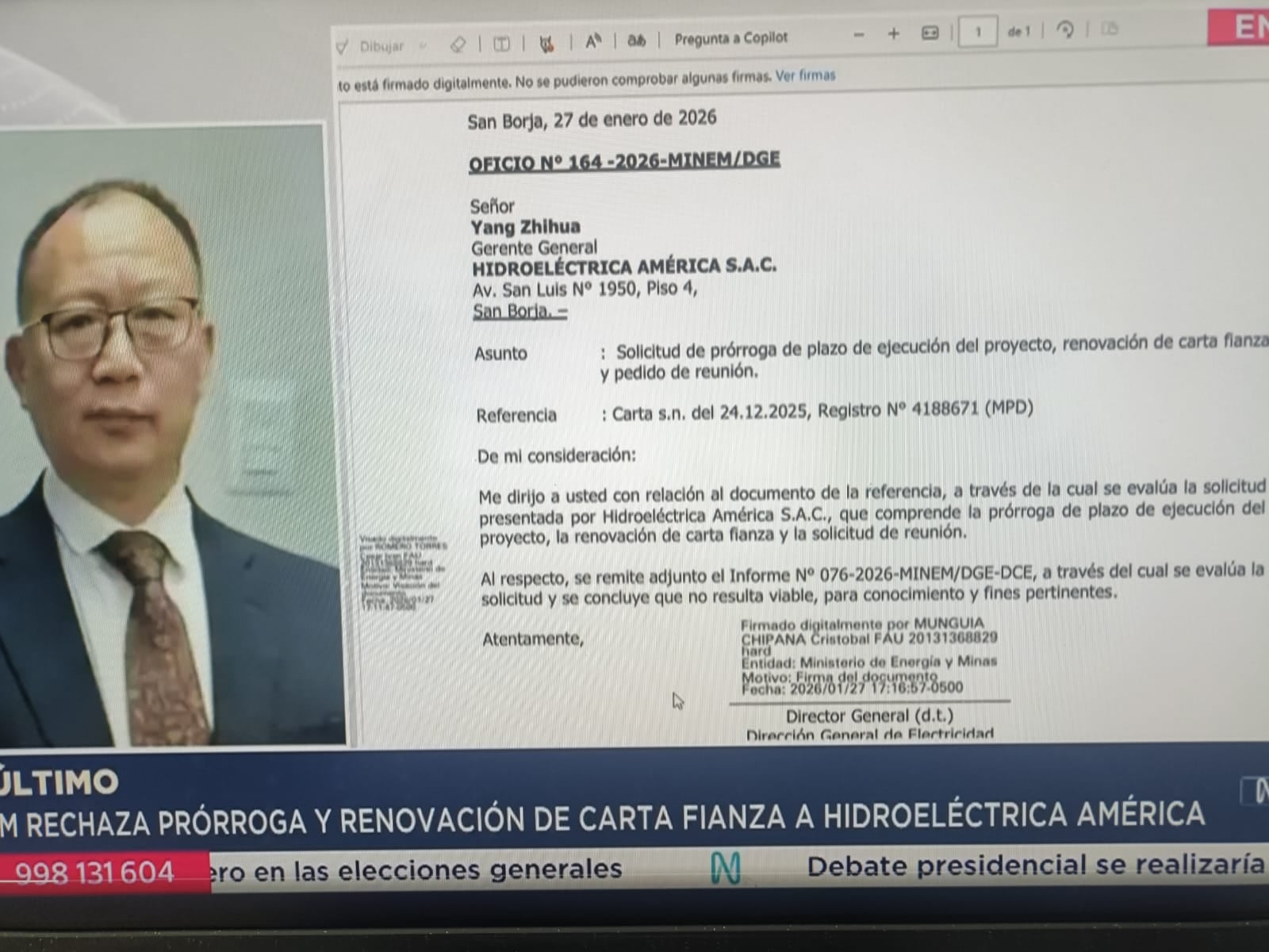 Mediante el oficio número 164 -2026 - Minem / DGE, el director general de la Dirección general de Electricidad, Cristóbal Munguía Chipana, hizo el anuncio a Zhihua Yang.: Captura Canal N