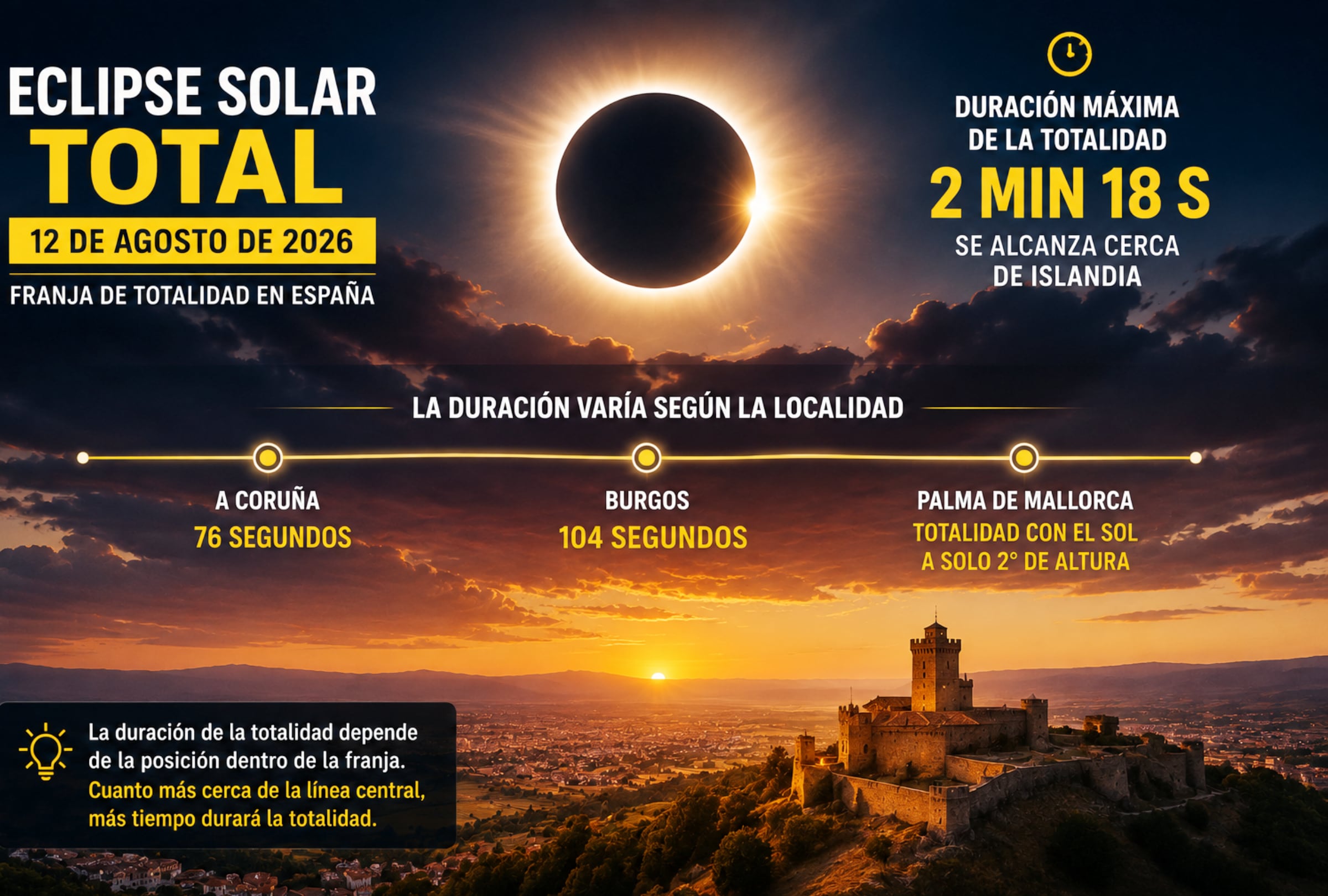 MADRID (ESPAÑA), 12/08/2026.- La duración de la totalidad del eclipse del 12 de agosto de 2026 variará según la ubicación dentro de la franja. En España, el IGN calcula 76 segundos de totalidad en A Coruña y 104 segundos en Burgos; en Palma de Mallorca, el máximo llegará con el Sol a apenas 2° sobre el horizonte. FOTO DE NOÉ YACTAYO
