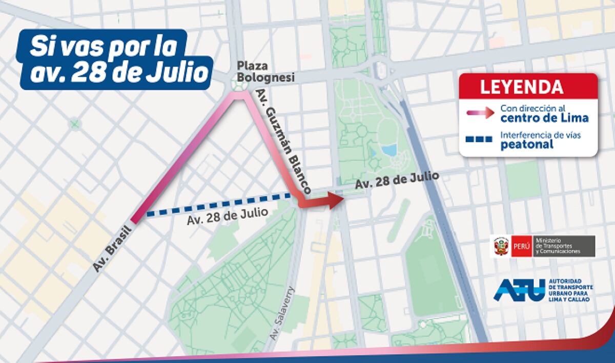 Avenida 28 de Julio: Desvío por las avenidas Brasil, plaza Bolognesi y Guzmán Blanco, para volver a 28 de Julio. Foto: ATU.