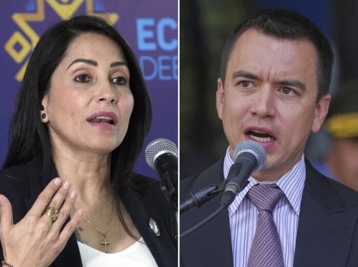 Esta imagen combinada muestra a Luisa Gonzalez, candidata presidencial del Movimiento Revolución Ciudadana, y el presidente de Ecuador, Daniel Noboa, hablan en actos distintos en Quito, Ecuador. (AP Foto/Dolores Ochoa, Archivo).