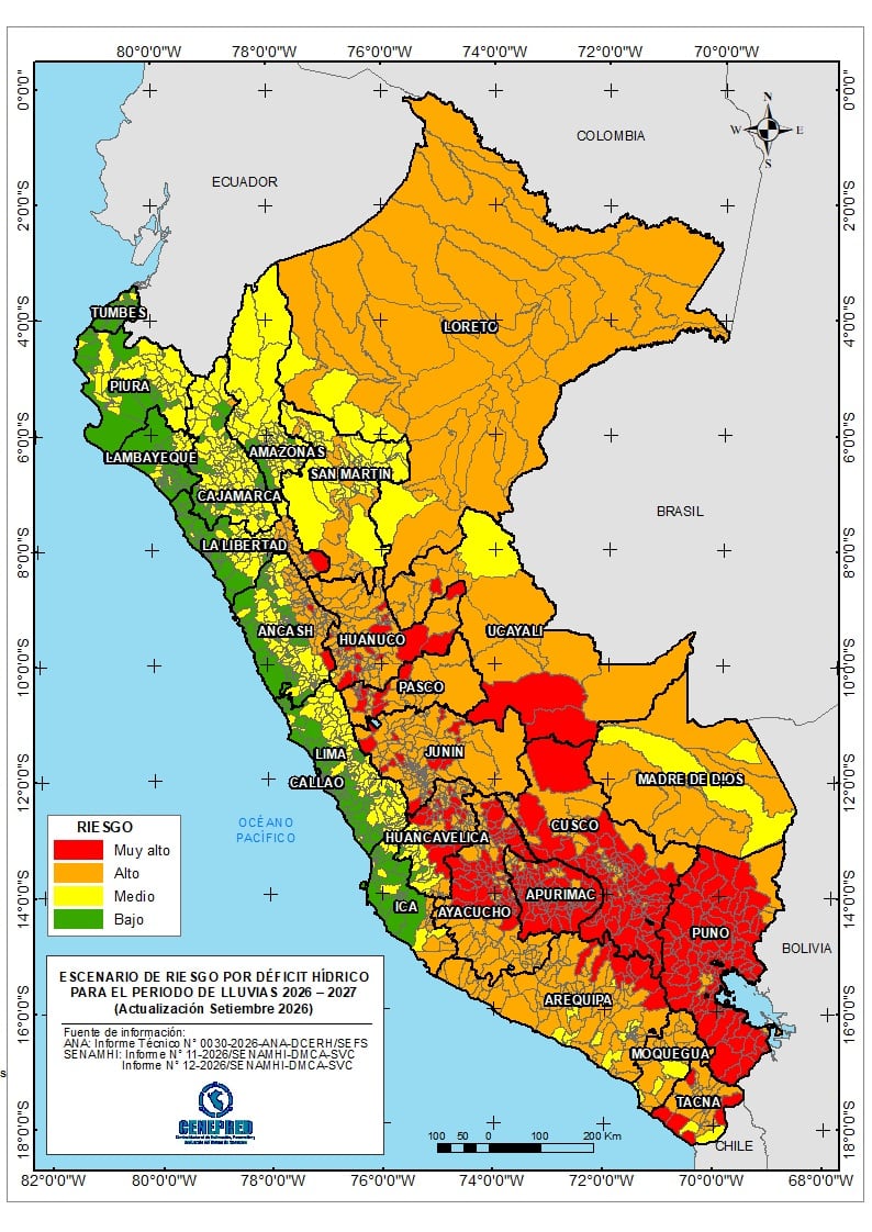 Mapa del Cenepred sobre regiones más expuestas al déficit hídrico en la temporada de lluvias. Foto: Cenepred