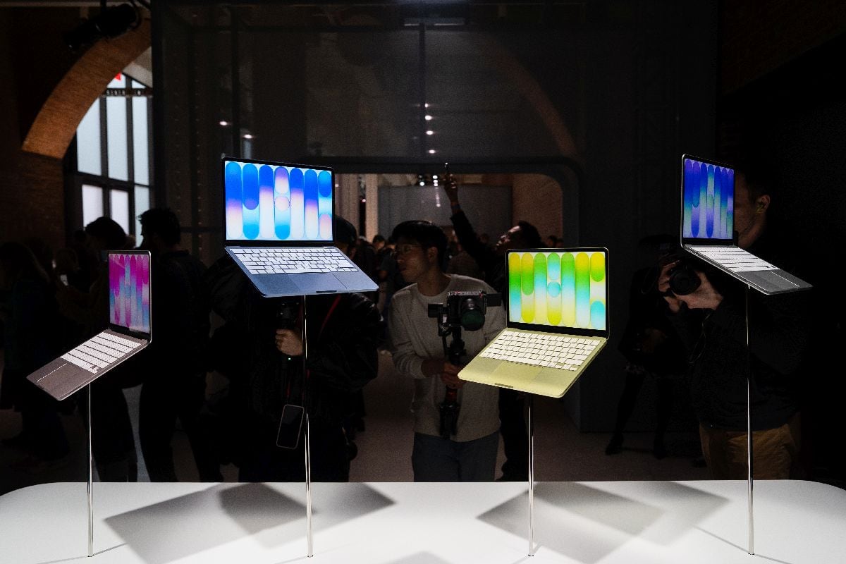Apple MacBook Neo laptop computers during an Apple event in New York on March 4. Photographer: Adam Gray/Bloomberg