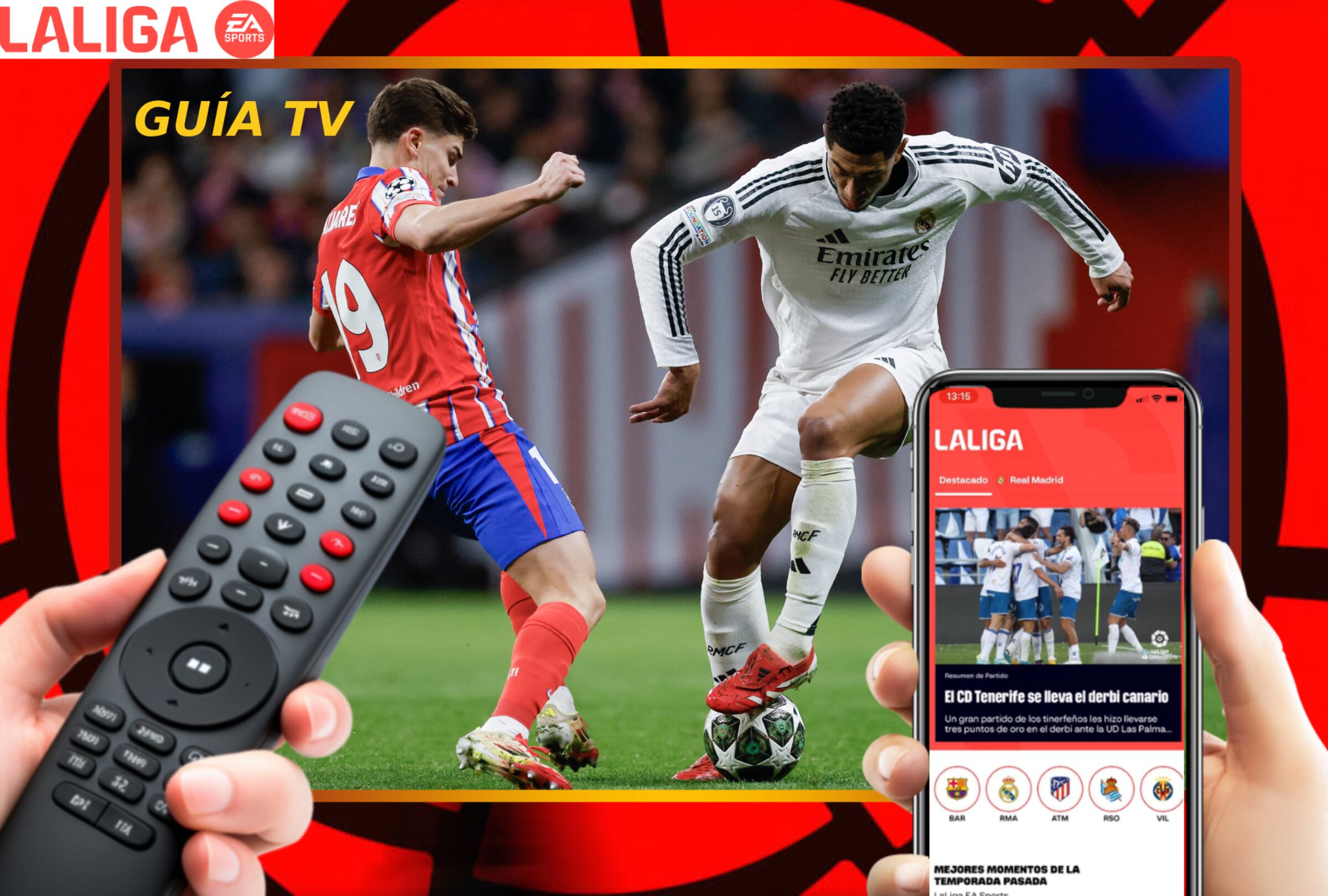 MADRID (ESPAÑA), 27/09/2025.- Lista de horarios y canales de televisión de diferente países en el mundo para ver el partido entre Real Madrid y Atlético Madrid por la Jornada 7 de LaLiga EA Sports 2025-26 desde el Estadio Riyadh Air Metropolitano de la capital española. Composición de Noé Yactayo para MAG con foto de Oscar DEL POZO CAÑAS (AFP)