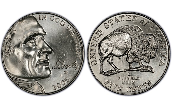 Una peculiar moneda de 5 centavos de 2005 presenta un error de acuñación, lo que hace que su costo entre coleccionistas se haya elevado mucho (Foto: PCGS)