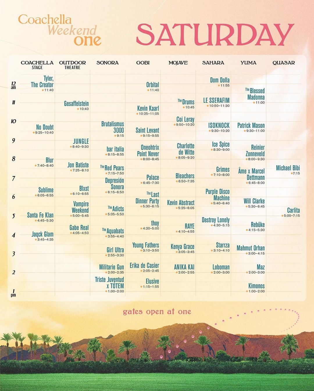 Cronograma de conciertos para el sábado 13 de abril de 2024 en Coachella (Foto: Coachella)