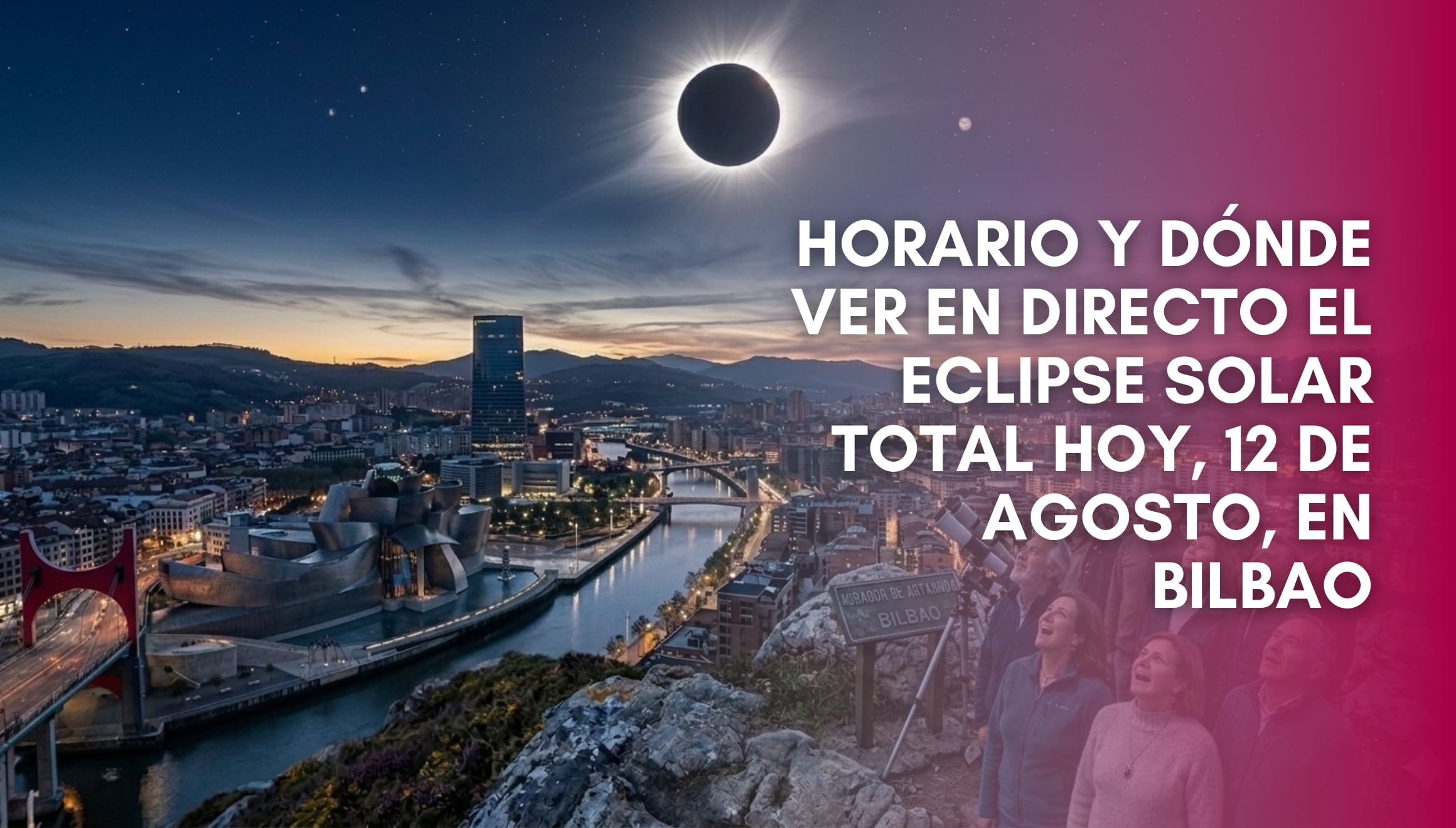 El cielo sobre la ribera de Bilbao y el Museo Guggenheim durante las fases iniciales del eclipse solar total de este 12 de agosto, uno de los puntos clave de observación en el País Vasco. | Imagen referencial creada por Gestión Mix utilizando la IA de Gemini / Composición GEC