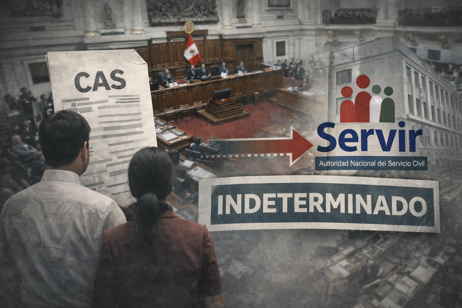 Los trabajadores CAS son cerca de 400 mil en todo el Estado peruano, una cantidad de votantes nada despreciable, e Isabel Cortez postula al Senado con Podemos Perú en estas elecciones. Fotocomposición: ChatGPT, Alessandro Azurín, Diario Gestión.