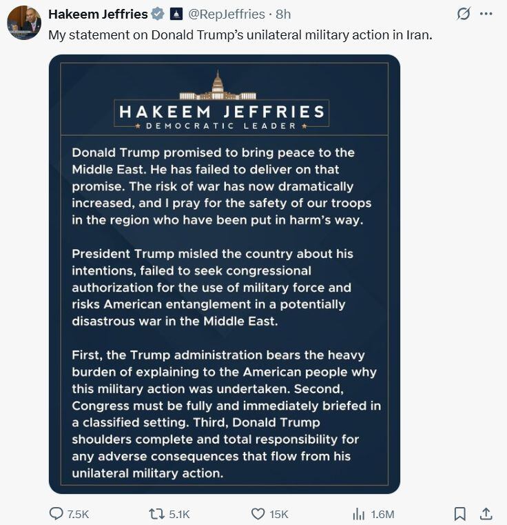 Publicación en X del líder de la oposición demócrata en la Cámara de Representantes, Hakeem Jeffries.