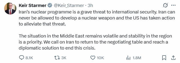 Post del primer ministro británico Keir Starmer, en X.