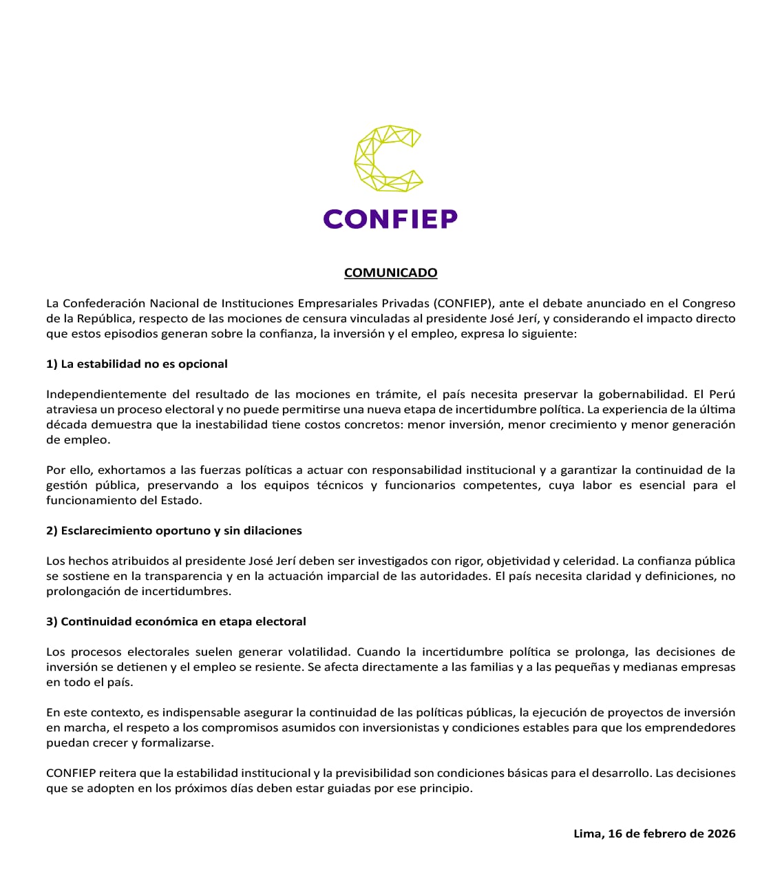 Comunicado de la CONFIEP sobre debate hoy en el Congreso.