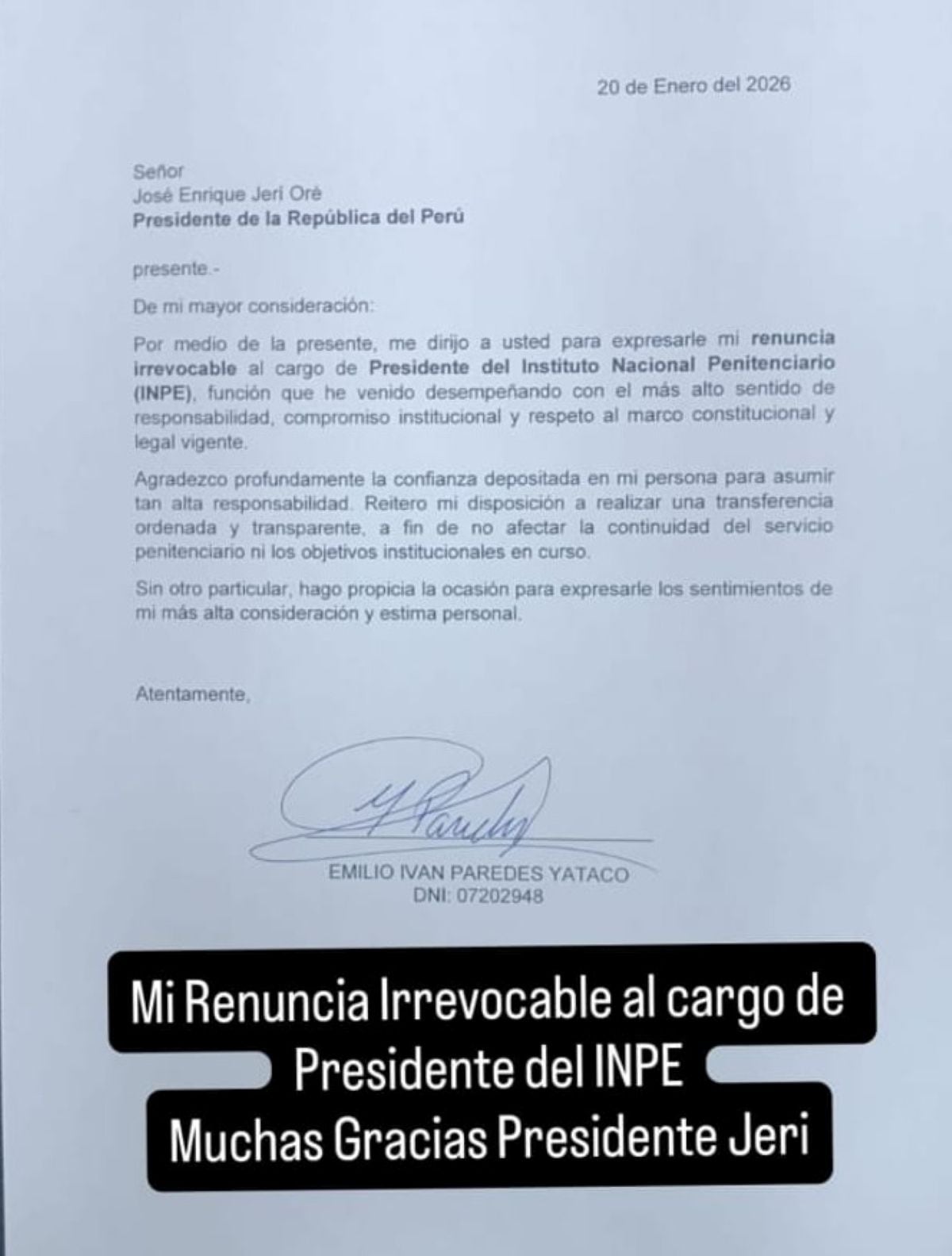 Iván Paredes Yataco difundió en Instagram la carta en la que comunica su renuncia irrevocable a la presidencia del INPE. Foto: Instagram.