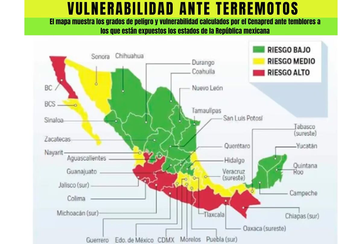 Mapa sísmico de México donde podrás ver los estados donde hay mayor y menor riesgo de producirse temblores, según datos oficial del SSN. (Foto: Composición con imagen del Servicio Sismológico Nacional / UNAM)