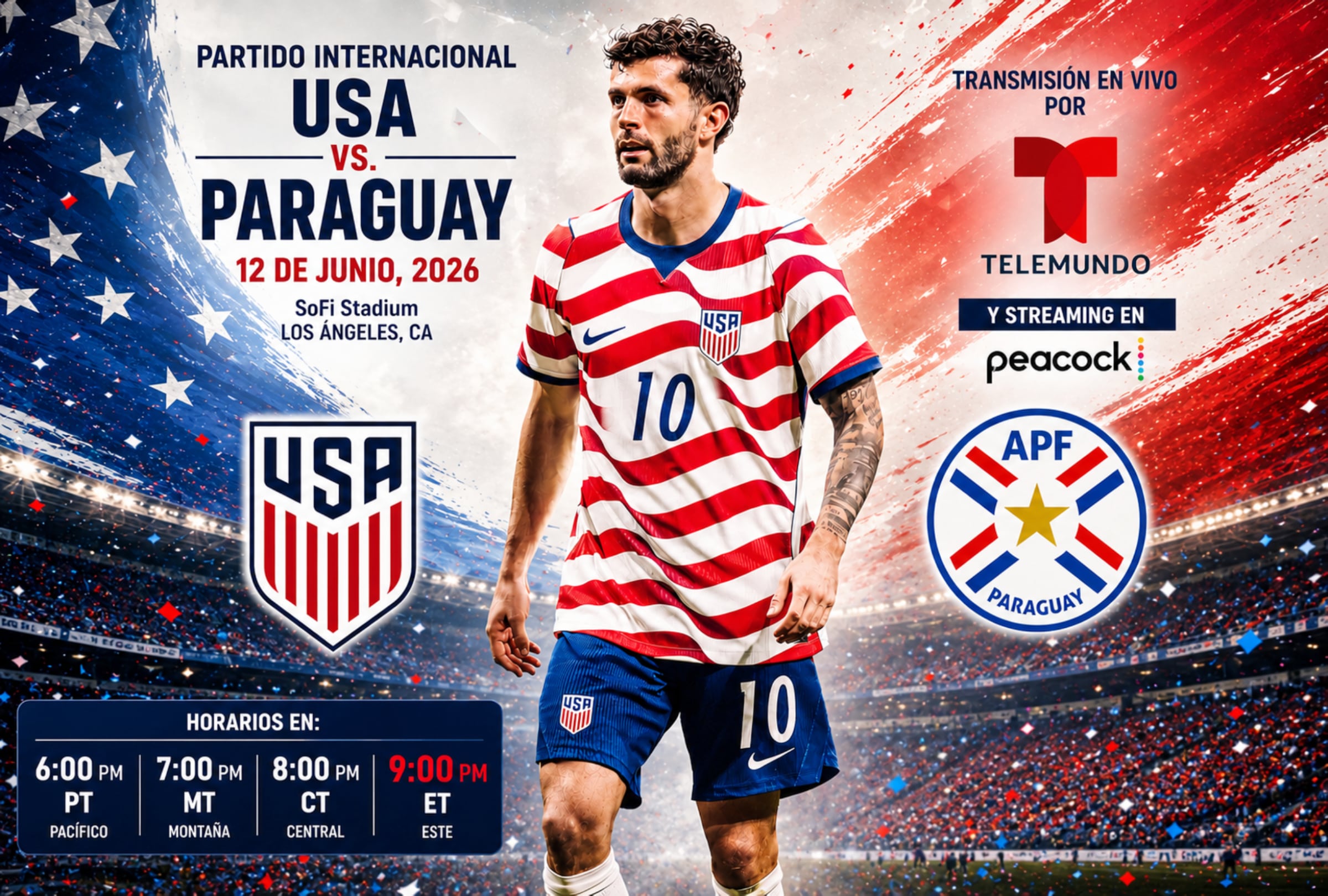 LOS ÁNGELES, CALIFORNIA (ESTADOS UNIDOS), 12/06/2026.- Cobertura oficial de Telemundo Deportes Ahora EN VIVO GRATIS para ver el partido entre Estados Unidos y Paraguay este viernes 12 de junio por la jornada 1 del grupo D de la Copa Mundial 2026. FOTO DE NOÉ YACTAYO GENERADA CON IA DE CHATGPT PARA GESTIÓN MIX