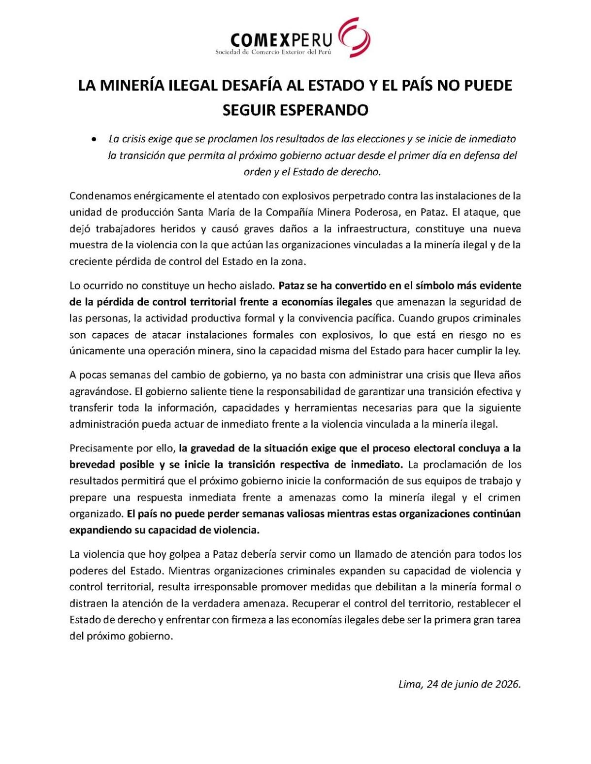 Comunicado de ComexPerú. Foto: X.