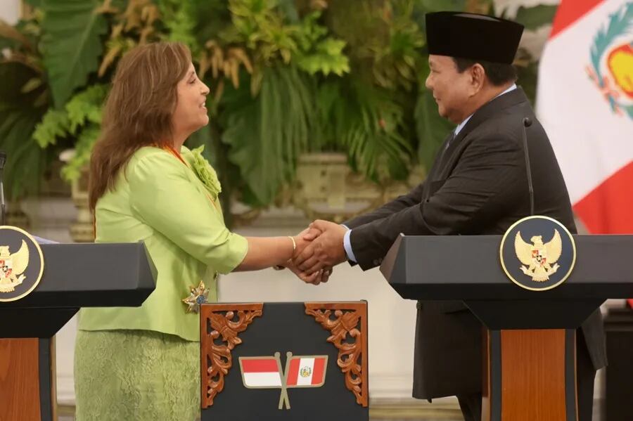 La presidenta peruana, Dina Boluarte, saluda a su homólogo de Indonesia Prabowo Subianto, durante el encuentro de hoy en Yakarta. (Foto: EFE)