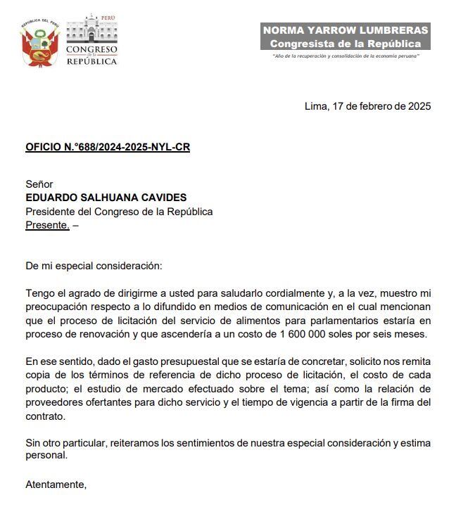 Norma Yarrow envió oficio al presidente del Congreso por el nuevo proceso de licitación para el servicio de alimentación a congresistas.
