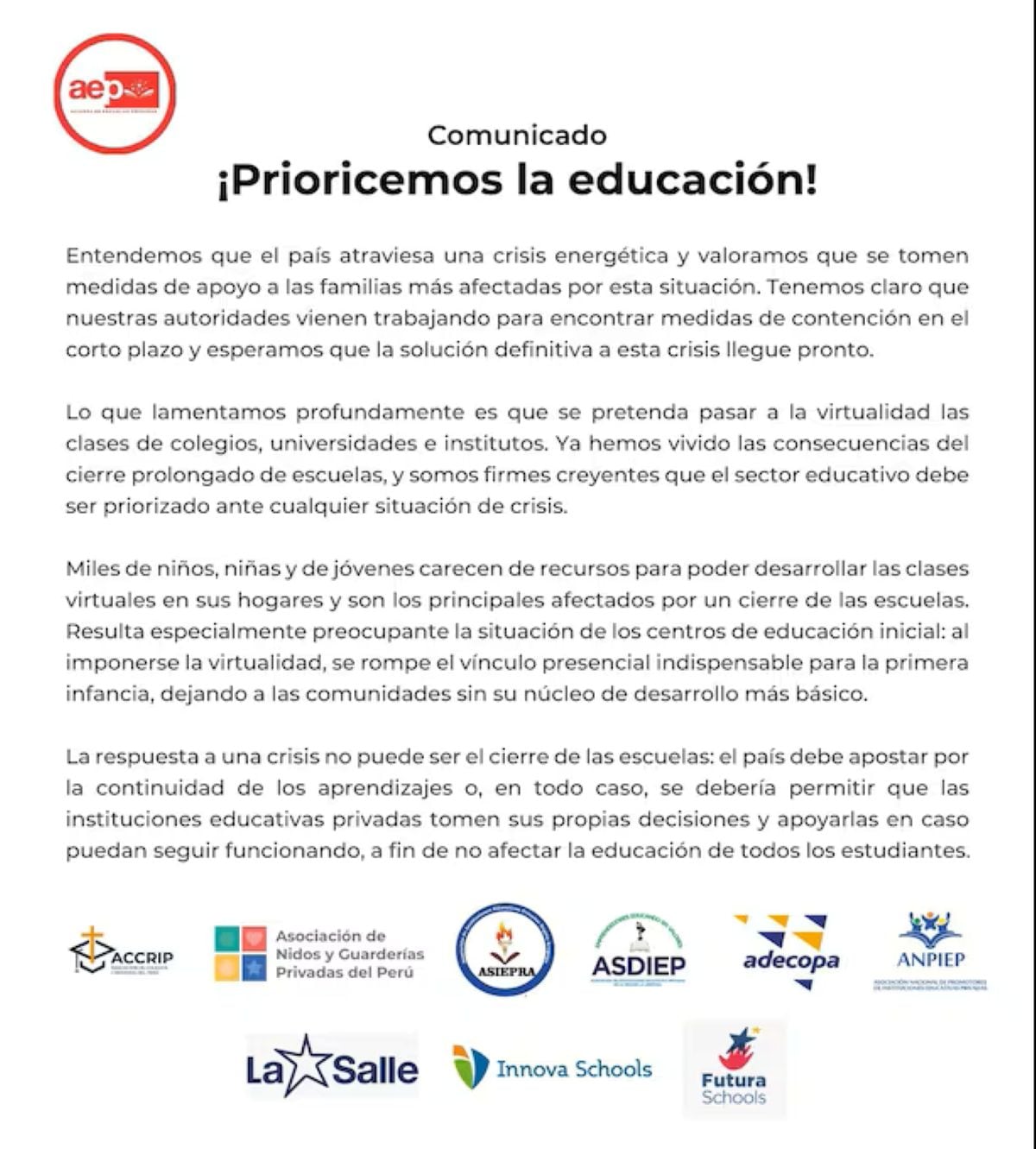 Comunicado de la Alianza de Escuelas Privadas del Perú.