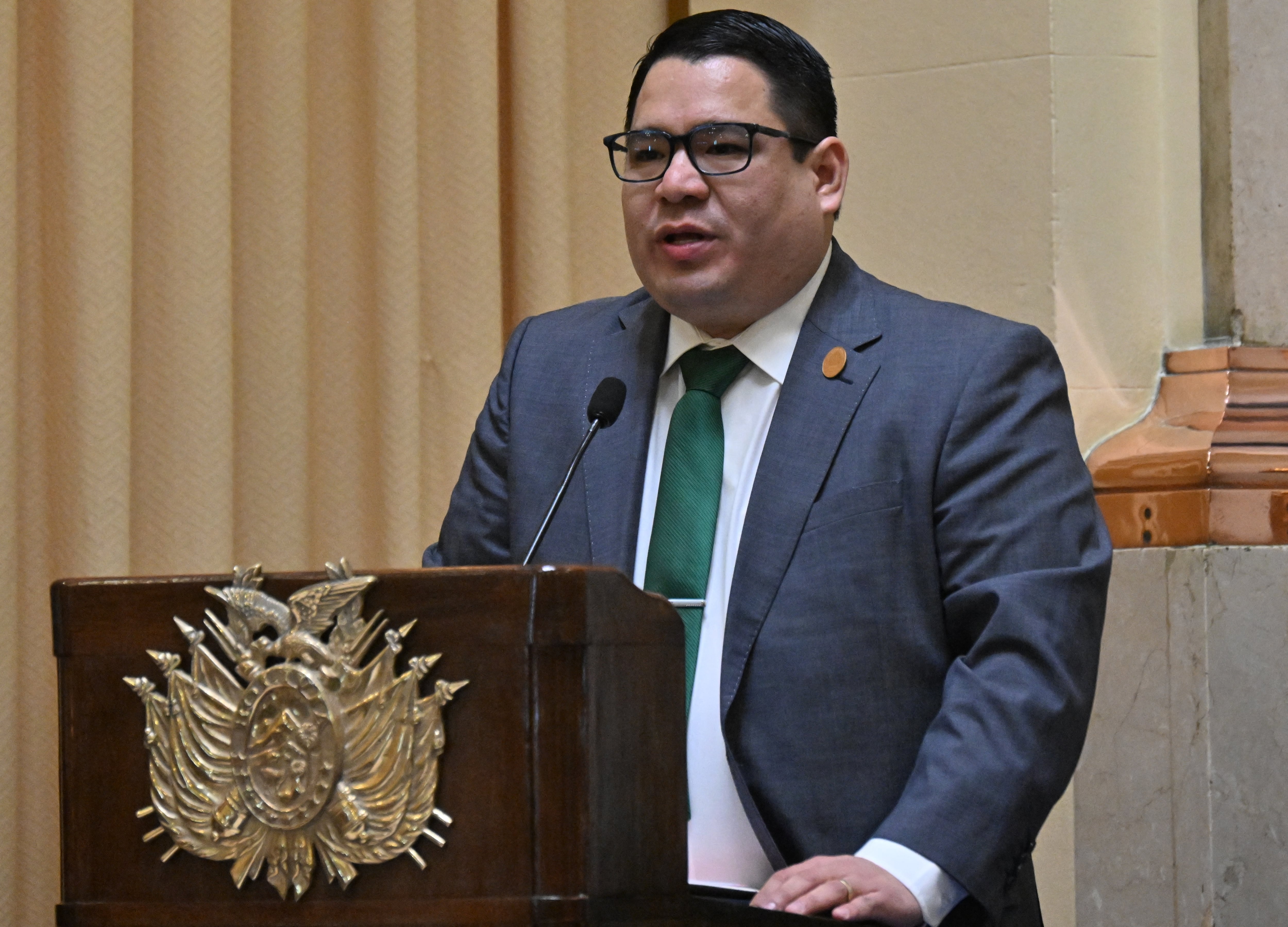 Fiscal General de Bolivia, Roger Mariaca, pronuncia un discurso tras jurar el cargo en la sede de la Vicepresidencia en La Paz, el 22 de octubre de 2024. (Foto de AIZAR RALDES / AFP).