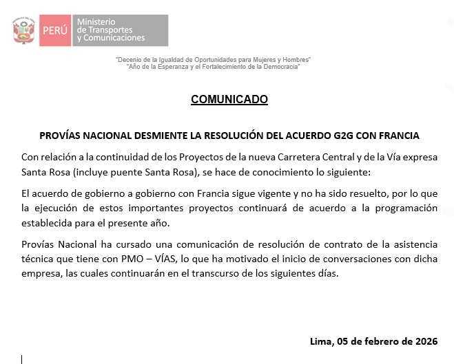 Comunicado MTC. Fuente: MTC