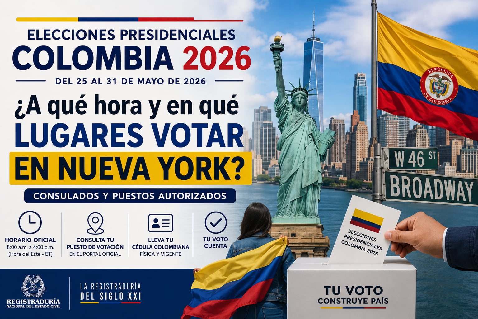 Los colombianos que viven en Nueva York se preparan para votar en las Elecciones 2026 (Imagen hecha por MAG con apoyo de la IA Gemini)