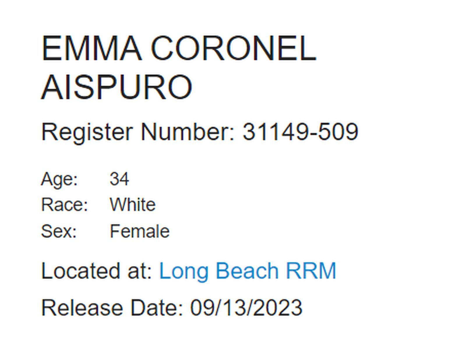 La ficha de Emma Coronel en la Oficina de Prisiones (BOP) de Estados Unido (Foto: AFP)