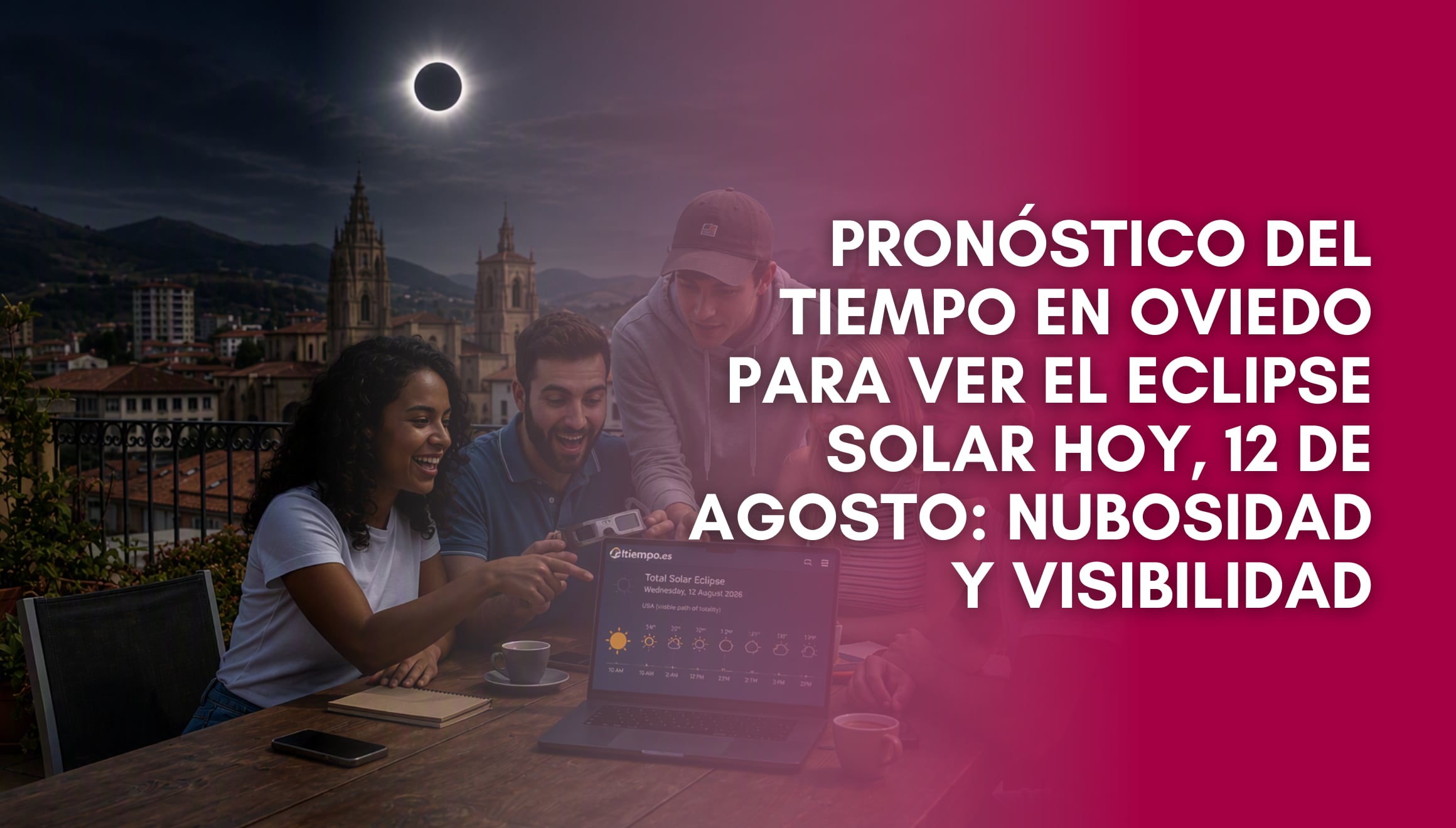 Condición del cielo y cobertura nubosa registrada sobre Oviedo durante la jornada del 12 de agosto, factor determinante para la visibilidad del eclipse solar en el Principado de Asturias. | Imagen referencial creada por Gestión Mix utilizando la IA de Gemini / Composición GEC