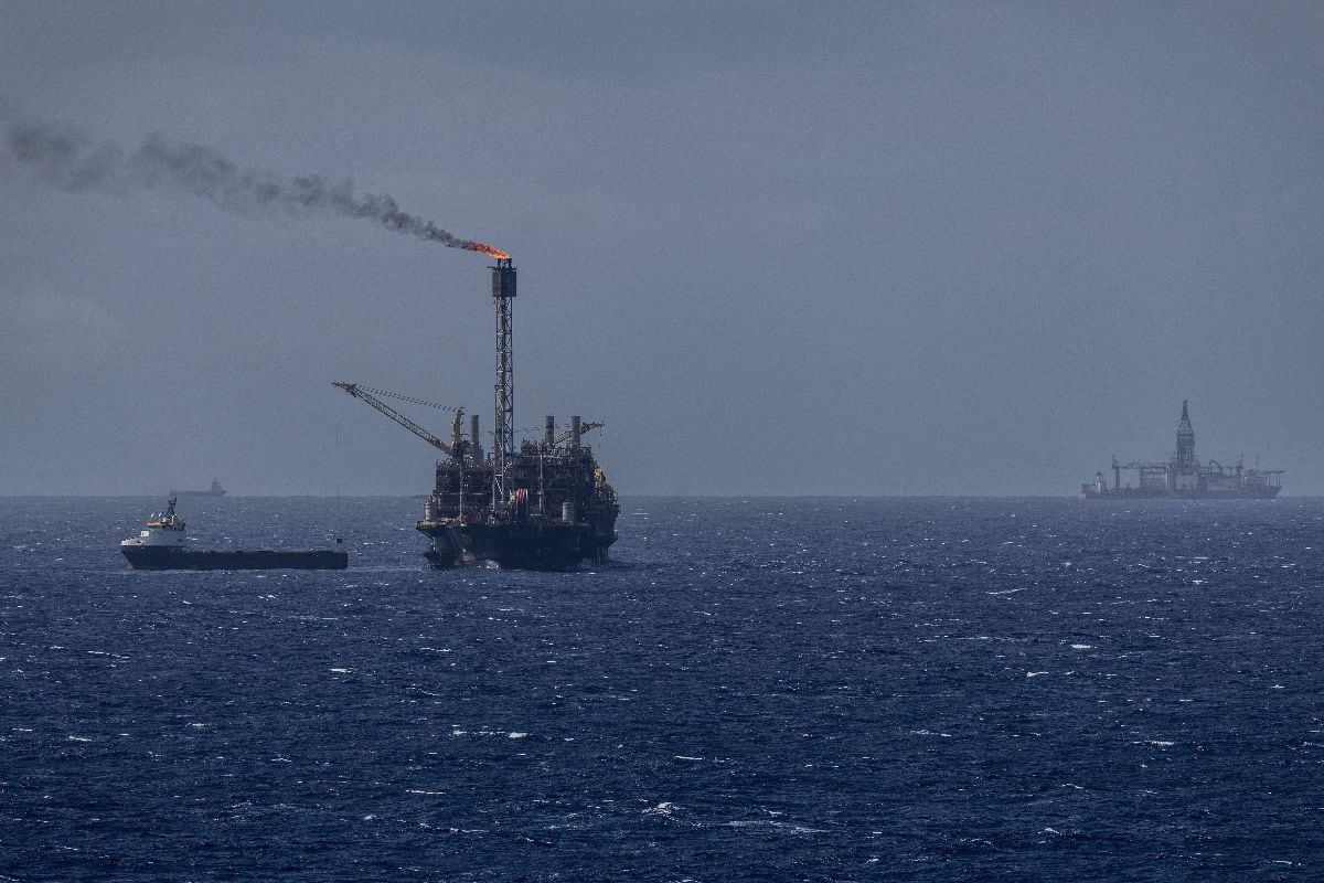 Floating Production, Storage, and Offloading (FPSO) vessels and supply vessels in the Buzios field off the coast of Rio de Janeiro, Brazil, on Friday, Oct. 24, 2025. Brazil's state oil company is accelerating production from the Buzios field as crude prices hover near a five-year low and the global market braces for glut.
