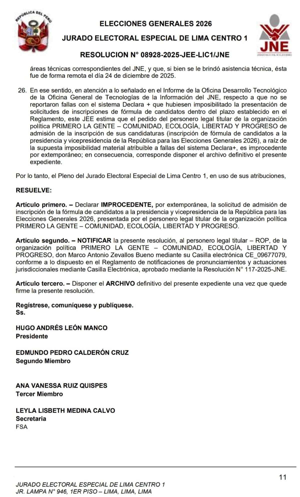 JEE Lima Centro 1 ha declarado improcedente la inscripción de la fórmula presidencial de Primero La Gente. Foto: X.