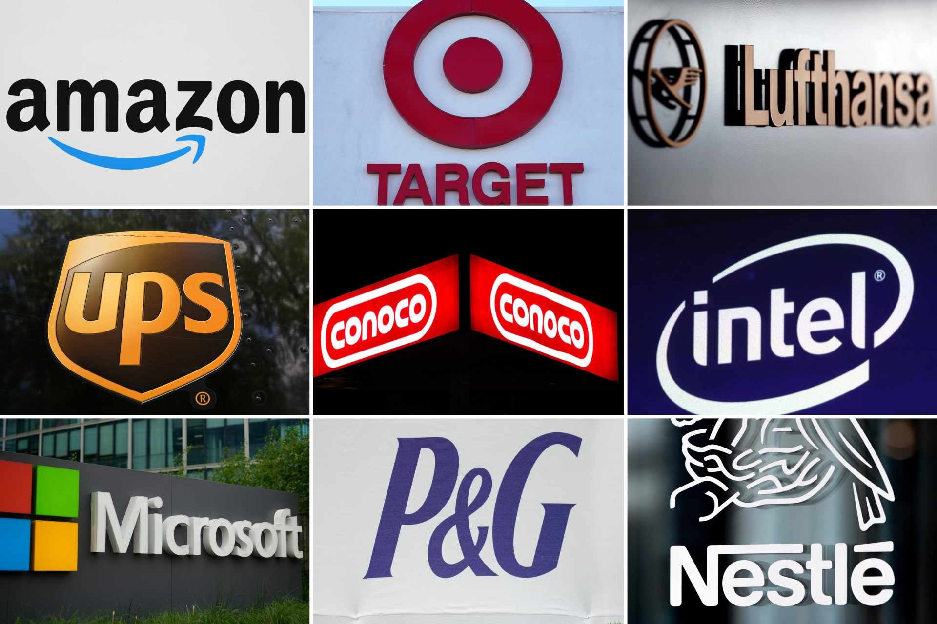 Combinación de fotos de los logos de las empresas Amazon, Target, Lufthansa Group, UPS, ConocoPhillips, Intel, Microsoft, Procter & Gamble y Nestle. (AP Foto, archivo)
