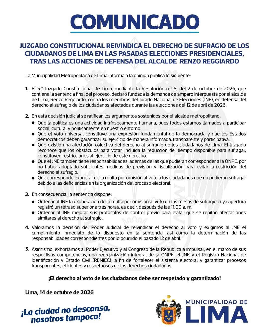 Tras fallo favorable del Poder Judicial, la Municipalidad de Lima exige al JNE acatar la sentencia de inmediato y solicita al Ejecutivo y al Congreso una reforma integral del sistema electoral. Foto: MML