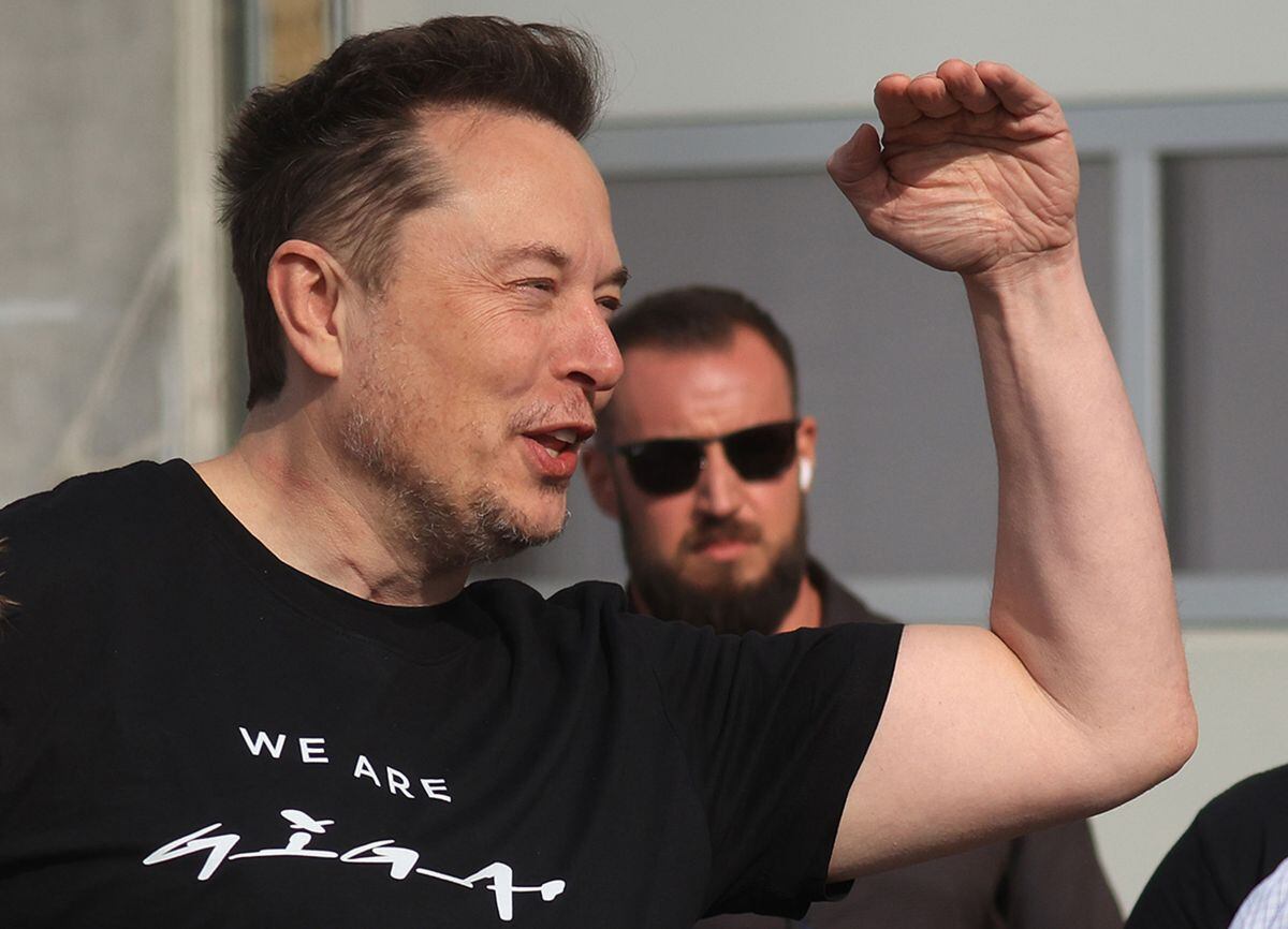 Elon Musk, chief executive officer of Tesla Inc., at the Tesla automotive plant in Gruenheide, Germany, on Wednesday, March 13, 2024. The power supply at Teslas electric-vehicle factory near Berlin was restored on Monday evening at 8:45 p.m. local time.