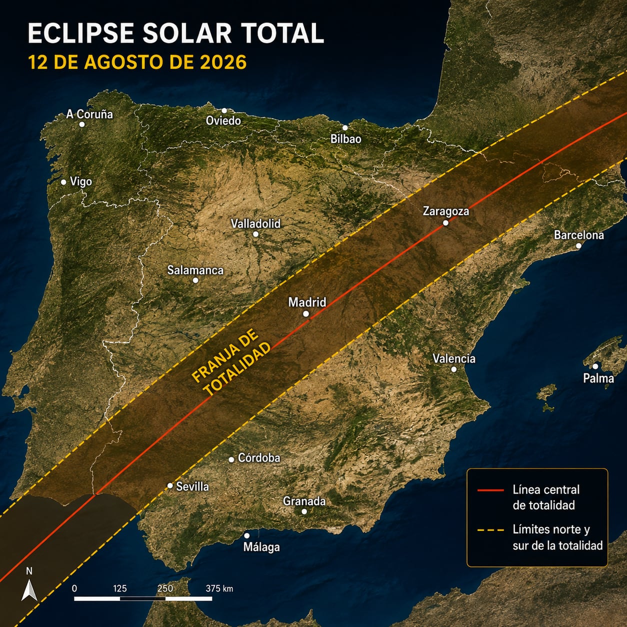 MADRID (ESPAÑA), 12/08/2026.- La franja de totalidad del eclipse solar del 12 de agosto de 2026 atravesará España de suroeste a noreste, dejando varias zonas del país dentro del recorrido en el que podrá observarse el fenómeno en su máxima expresión. FOTO DE NOÉ YACTAYO