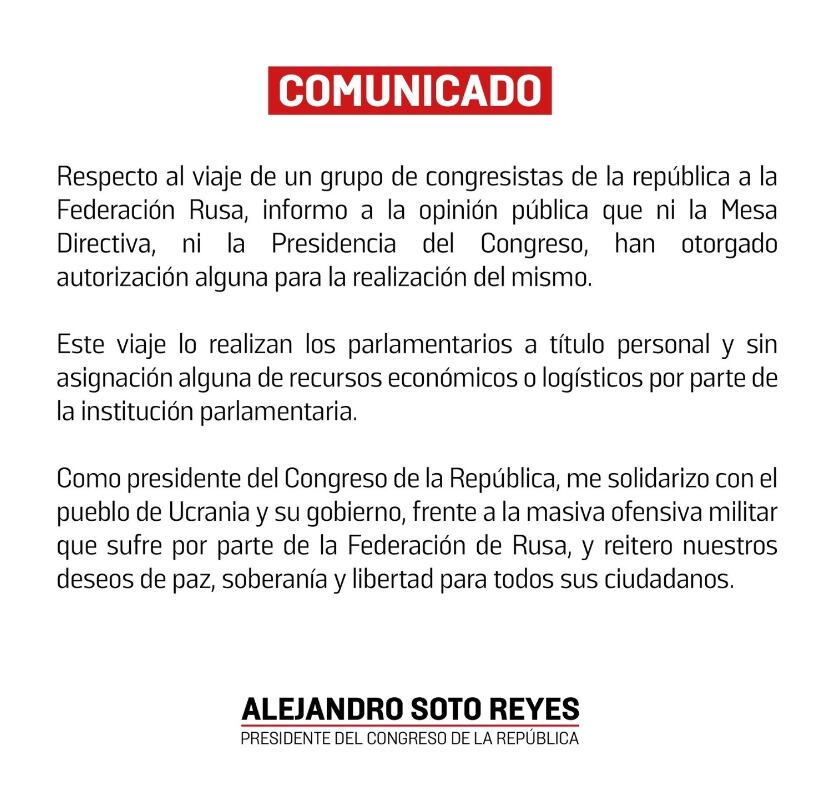 Comunicado de Alejandro Soto Reyes ante viaje de Congresistas a Rusia. Foto: Alejandro Soto