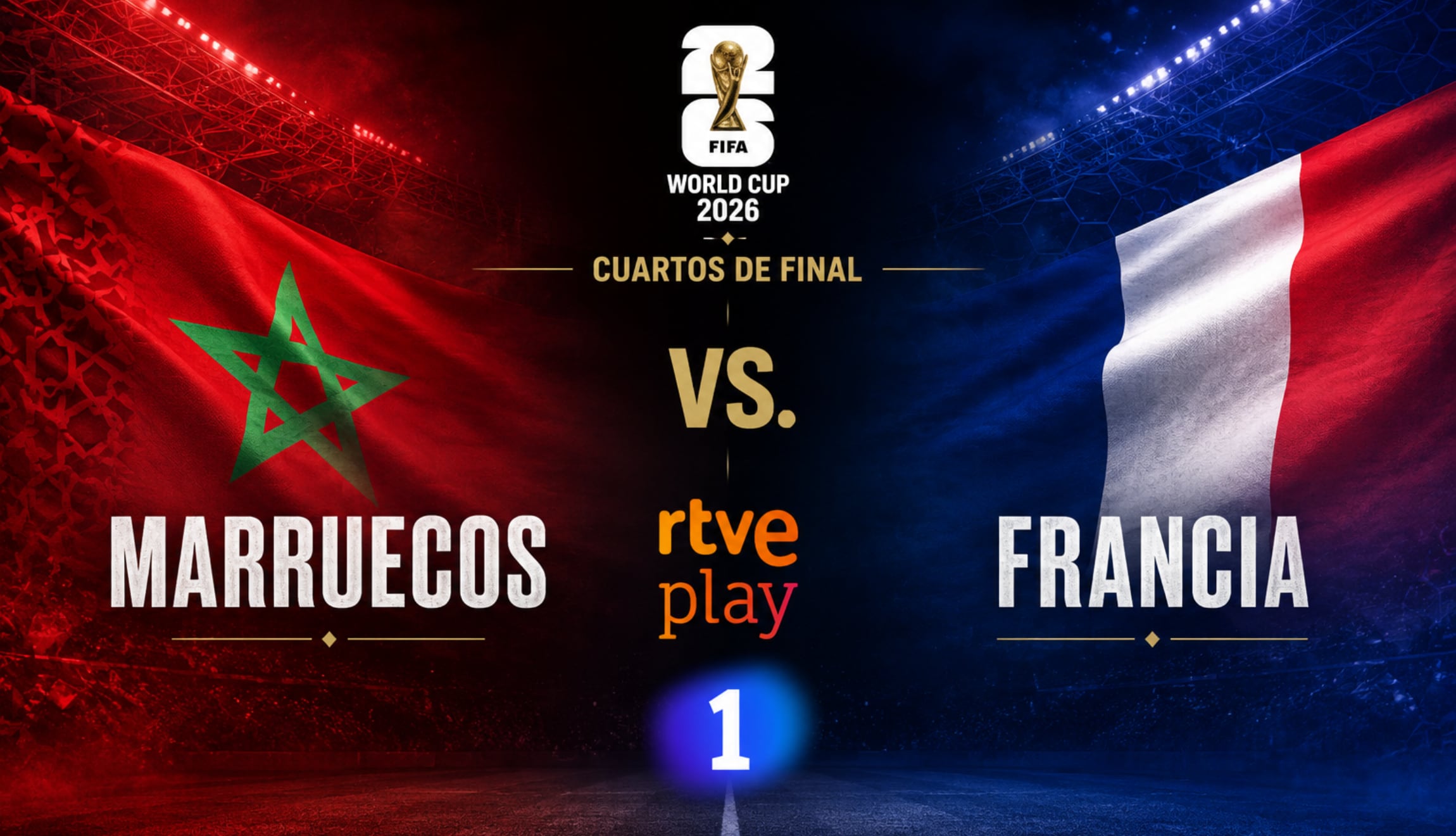 Señal del Canal La 1 HD y RTVE Play en directo para ver Marruecos - Francia, hoy 9 de julio, por los cuartos de final del Mundial de Fútbol 2026. (Foto: Imagen creada por Gestión Mix utilizando la IA de Chat GPT)
