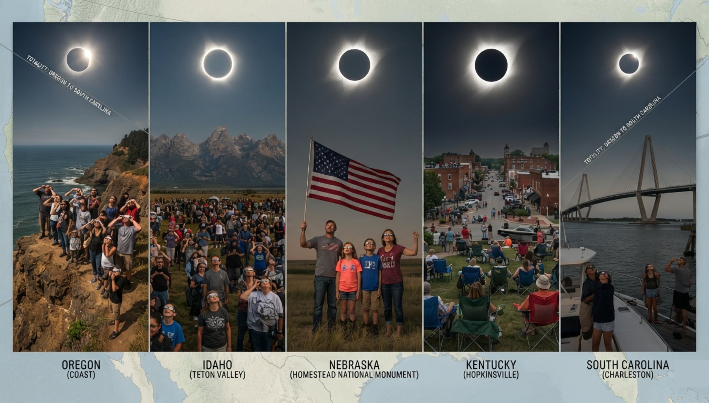 Observación del fenómeno solar desde diversas regiones de Estados Unidos, donde los horarios de inicio varían según la zona horaria del Este, Centro, Montaña y Pacífico este 12 de agosto. | Imagen referencial creada por Gestión Mix utilizando la IA de Gemini / Composición GEC