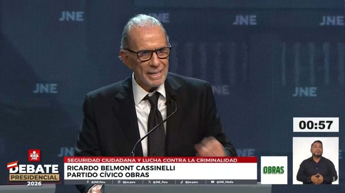 El candidato presidencial Ricardo Belmont planteó disolver la ATU, ordenar el sistema de justicia y revisar contratos ley durante el debate organizado por el Jurado Nacional de Elecciones rumbo a las Elecciones 2026. Foto: Captura JNE.