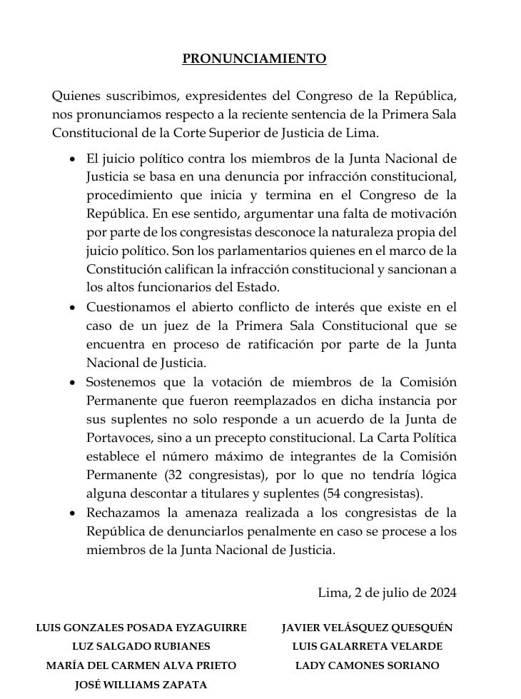 Expresidentes del Congreso se pronuncian contra fallo del Poder Judicial sobre la JNJ.